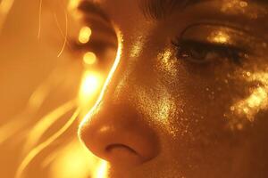 Close-up of a woman's face with radiant golden highlights and soft features, showcasing a dreamy and artistic ambiance. photo