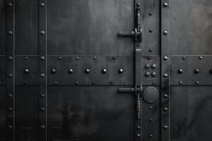 A close-up view of an industrial black metal door with rivets and a sturdy latch, showcasing a rugged and secure design. photo