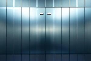 Close-up of modern metallic double doors with a sleek blue finish. photo