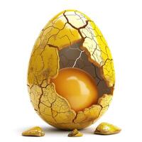 A vibrant yellow egg, cracked open to reveal a glossy yolk, symbolizes new beginnings and creativity. photo