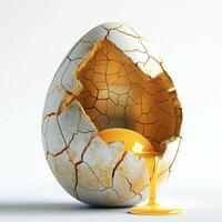 A cracked egg with a glossy, golden yolk dripping, symbolizing new beginnings and creativity. photo