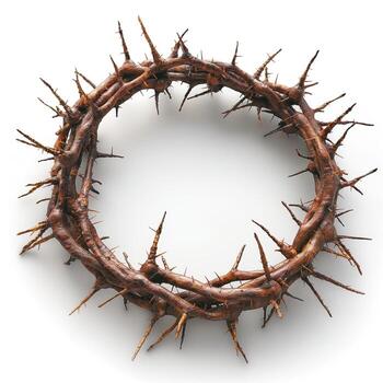 A circular crown of thorns, intricately woven with sharp spikes, symbolizing suffering and sacrifice. photo