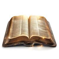 An open vintage book glowing with mystical light, inviting exploration and inspiration. photo