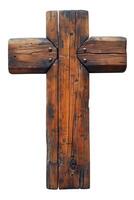 A rustic wooden cross crafted from aged timber, showcasing its textured surface and earthy tones. photo
