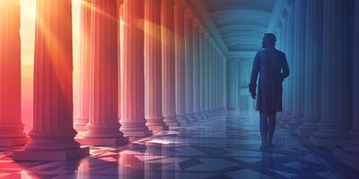 A silhouetted figure walks through a stunningly lit ancient corridor with tall, elegant columns, evoking a sense of grandeur and reflection. photo
