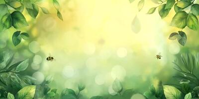 A tranquil background of lush green foliage and gentle bees, evoking a sense of serenity and connection to nature. photo