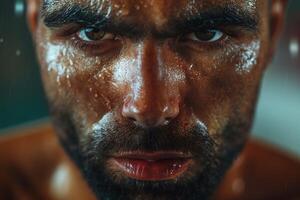 Intense close-up of a male with Middle-Eastern features, glistening skin under moisture, showcasing strength and determination. photo