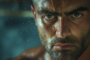 Intense close-up of a muscular male with wet skin, capturing a moment of determination and strength amidst a dramatic backdrop. photo