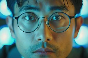 A focused Asian male with glasses gazes intently, illuminated by vibrant blue lights in a dramatic atmosphere. photo