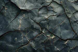 Close-up of cracked black surface, showcasing intricate textures and contrasts. photo