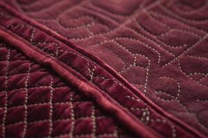 Close-up of a luxurious burgundy quilted fabric showcasing intricate patterns and stitching. photo