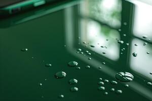 Close-up of water droplets on a glossy green surface, reflecting natural light for a serene atmosphere. photo