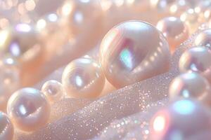 A stunning assortment of iridescent pearls resting gracefully on a sandy surface, creating a tranquil and elegant atmosphere. photo