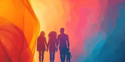 Silhouetted couple holding hands against a vibrant, colorful abstract background. photo