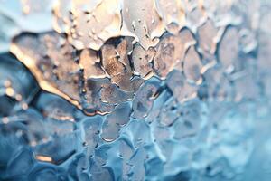 Close-up of condensation on glass, showcasing shimmering droplets and a soft blue hue. photo