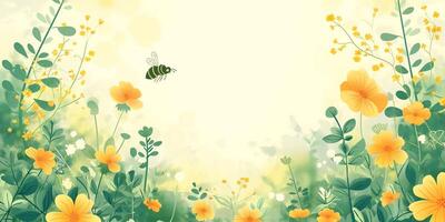 A vibrant illustration of a bee hovering over blooming yellow flowers in a sunny meadow. photo