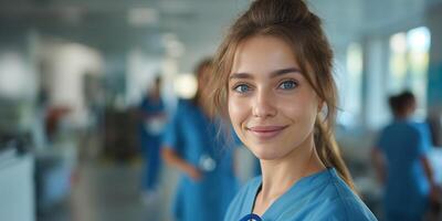 Smiling young Caucasian female nurse in scrubs, exuding warmth and professionalism in a healthcare setting. photo