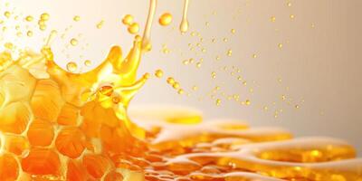 Close-up of golden honey splashing over honeycomb, showcasing a vibrant and glossy texture. photo