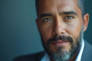 Close-up portrait of a middle-aged Hispanic man with a beard, exuding confidence and warmth against a muted background. photo