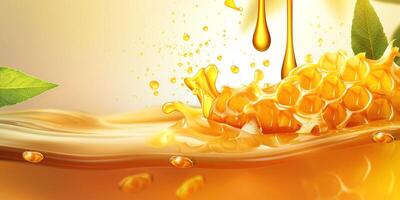Glorious golden honey cascading with fresh honeycomb, evoking a sense of natural sweetness and freshness. photo