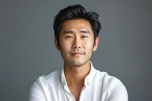 A smartly dressed Asian male with a confident smile, exuding professionalism against a gray backdrop. photo