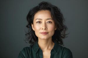 Confident East Asian woman with wavy hair, gazing directly at the camera against a dark green background. photo