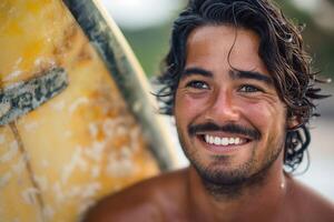 Smiling young male surfer with tan skin and long hair, enjoying a sunny day at the beach. photo