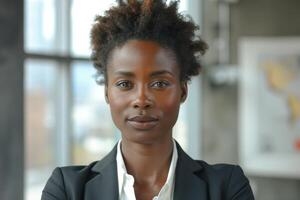 Confident Black woman in a professional setting, exuding strength and determination. photo