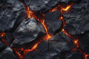Close-up of molten lava cracking through hardened volcanic rock, showcasing fiery orange glow on a dark, textured surface. photo