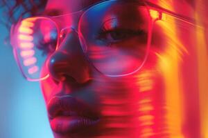 Close-up of a young female model with vibrant lighting and stylish glasses, showcasing a blend of bold colors. photo