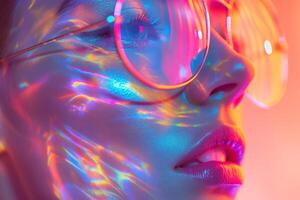 A close-up of a female subject with striking makeup and colorful reflections on her face, wearing oversized futuristic glasses. photo