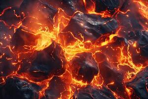 Close-up of molten lava flowing over dark, jagged rocks, creating a vibrant display of orange and red hues. photo