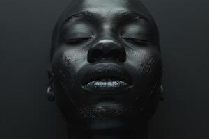 A striking close-up of a Black female model with a glossy finish, exuding tranquility against a dark background. photo