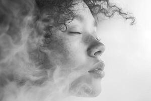 A serene profile of a young mixed-ethnicity woman with curly hair and freckles, enveloped in soft, ethereal smoke. photo