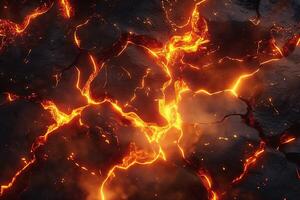 A mesmerizing close-up of glowing lava cracks, showcasing fiery orange and red hues against dark volcanic rock. photo