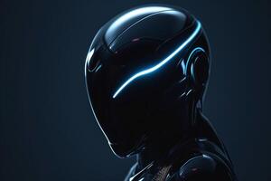 Futuristic robot head design with sleek black finish and glowing blue accents, emphasizing advanced technology and innovation. photo