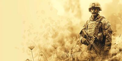 A focused Black male soldier in uniform stands amid a field, embodying strength and determination with a vigilant gaze. photo