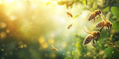 Close-up of busy honeybees collecting nectar from vibrant flora in a sunny, lush garden. photo