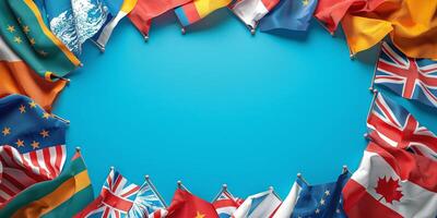 A vibrant display of various country flags arranged around a blue background, symbolizing unity and diversity. photo