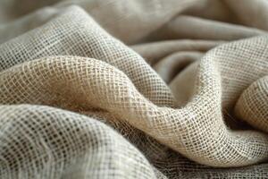 Close-up of textured beige fabric with soft, flowing folds and intricate weave patterns. photo