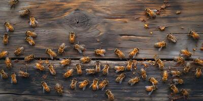 A close-up view of busy bees foraging on a rustic wooden surface, showcasing their intricate patterns and vibrant colors. photo