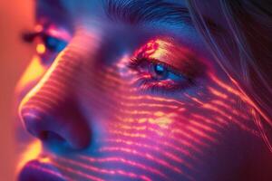 Close-up of a young Caucasian woman's eye, illuminated with vibrant orange and blue light patterns, creating a captivating artistic effect. photo