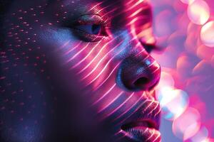 Close-up portrait of a Black female model with vibrant light patterns on her face, showcasing a striking artistic effect. photo