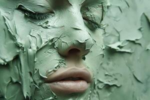 Close-up of a woman with green clay mask on her face, showcasing smooth skin and a serene expression. photo
