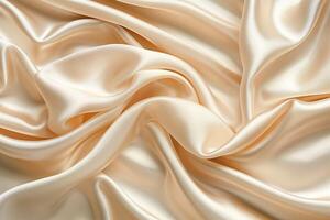 Close-up of luxurious beige satin fabric, showcasing its smooth texture and elegant drape. photo