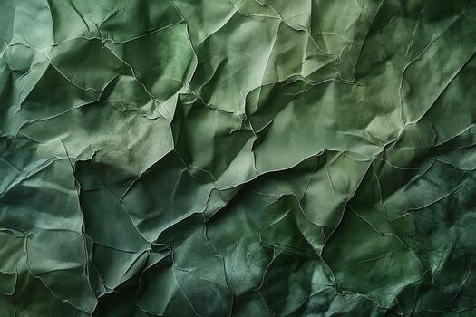 A textured green crumpled paper background, showcasing depth and intricate patterns. photo