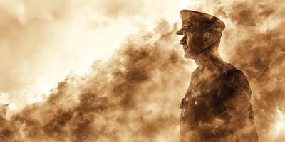 An older Caucasian man in military uniform stands solemnly against a backdrop of swirling smoke, evoking a sense of duty and honor. photo