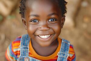 A joyful Black boy, around five years old, smiles brightly while wearing a colorful striped shirt and denim overalls. photo