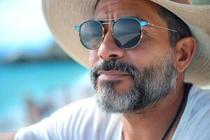 Tanned Middle-Eastern man wearing a straw hat and sunglasses, enjoying a sunny beach day. photo