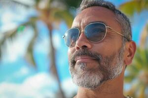 A middle-aged South Asian man with silver hair and sunglasses enjoys a sunny day at the beach. photo
